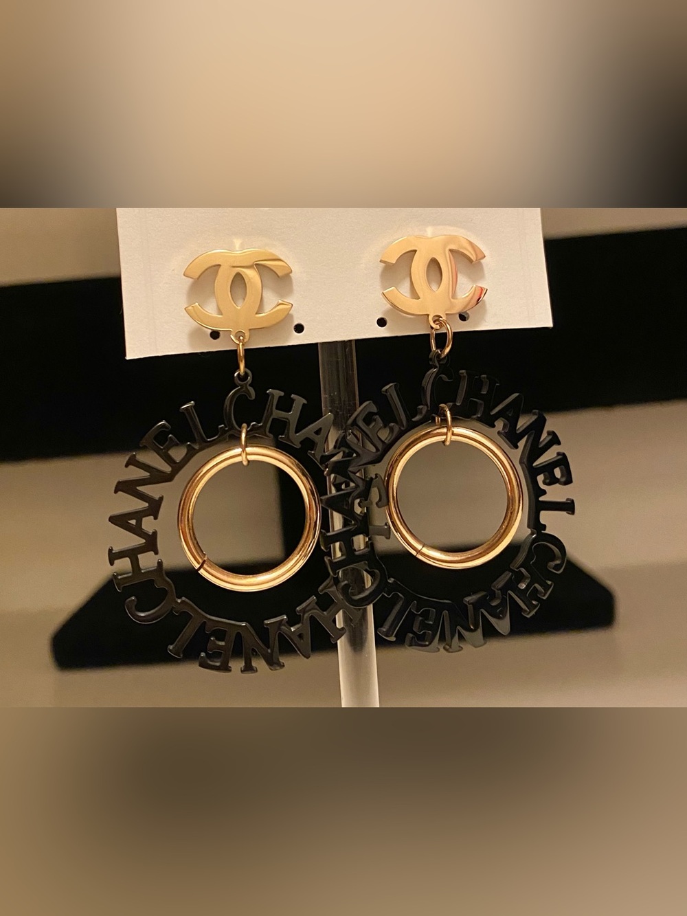 Fashion Jewelry 14K Gold Plated/ Black Logo C-C Drop Earrings